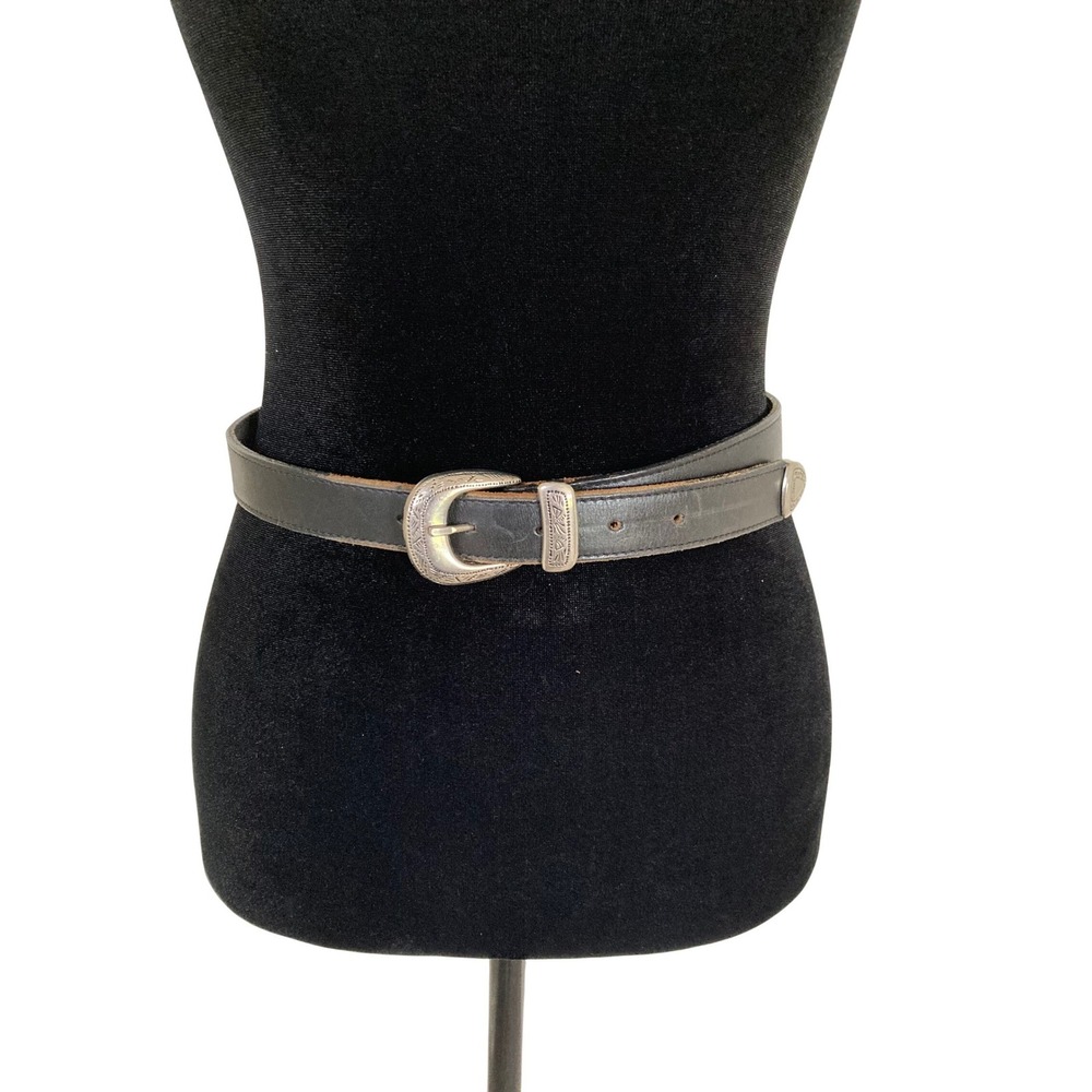 Vintage Black Leather Western Belt Silver Engraved Buckle Tip Made in USA Small
